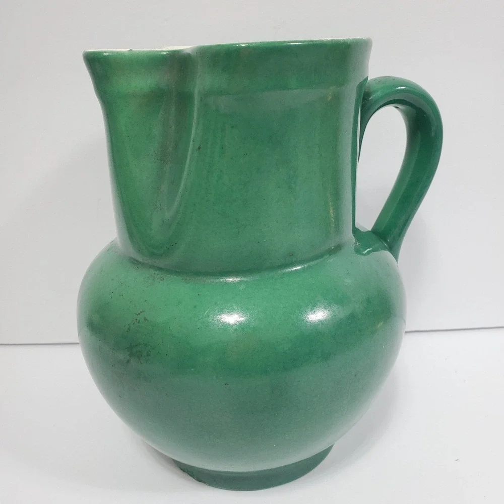 VTG Erphila Art Pottery Pitcher‎ Green Ceramic Czechoslovakia 7 in Tall See Flaw